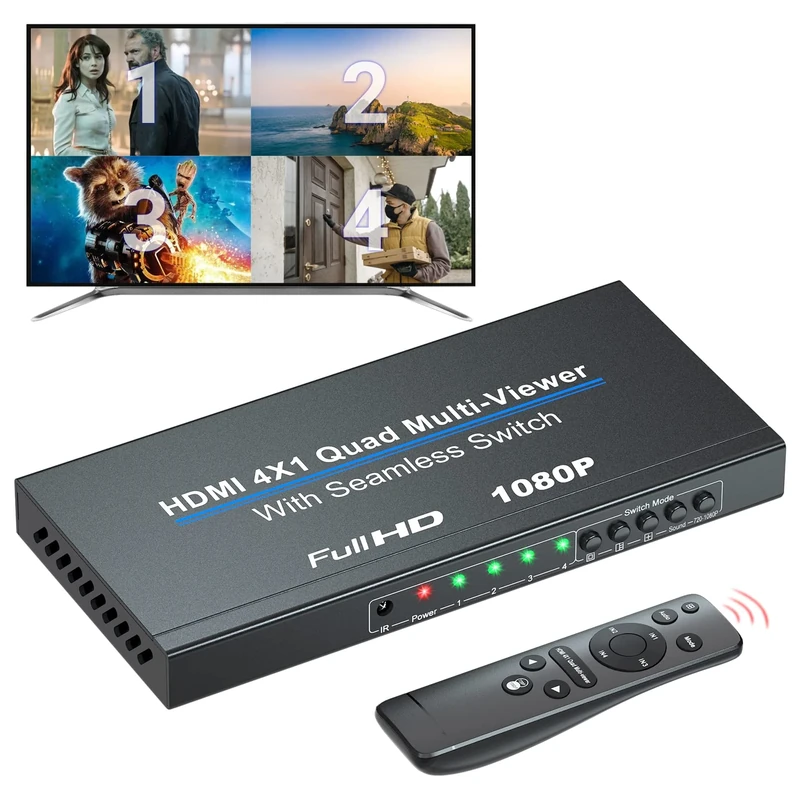 1080P HDMI Quad Multi-Viewer 4x1 with Seamless Switch, 4 In 1 Out HDMI Multiviewer Switcher with Five Viewing Modes