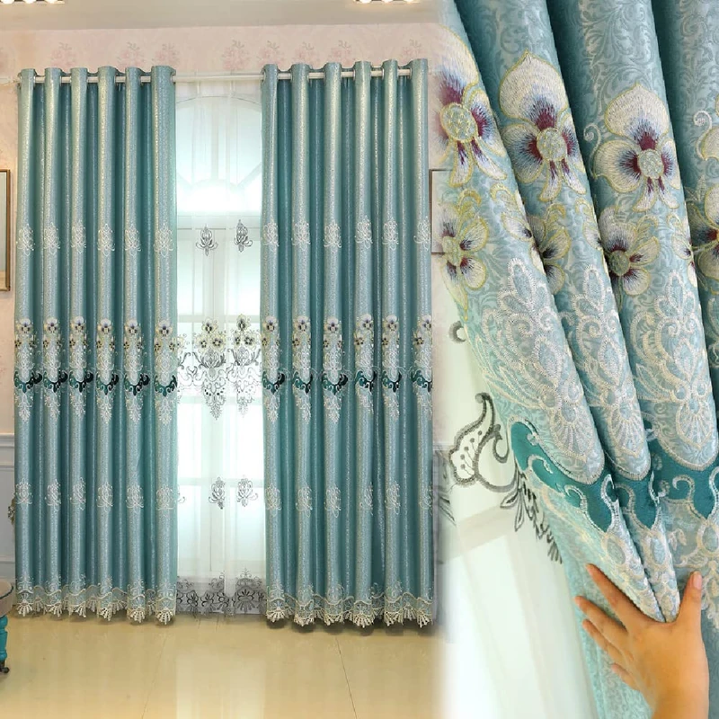 Amidoudou 1 Pair European Luxury Embroidered Curtains for Living Room Bedroom (Blue Green,51x96 Inch)