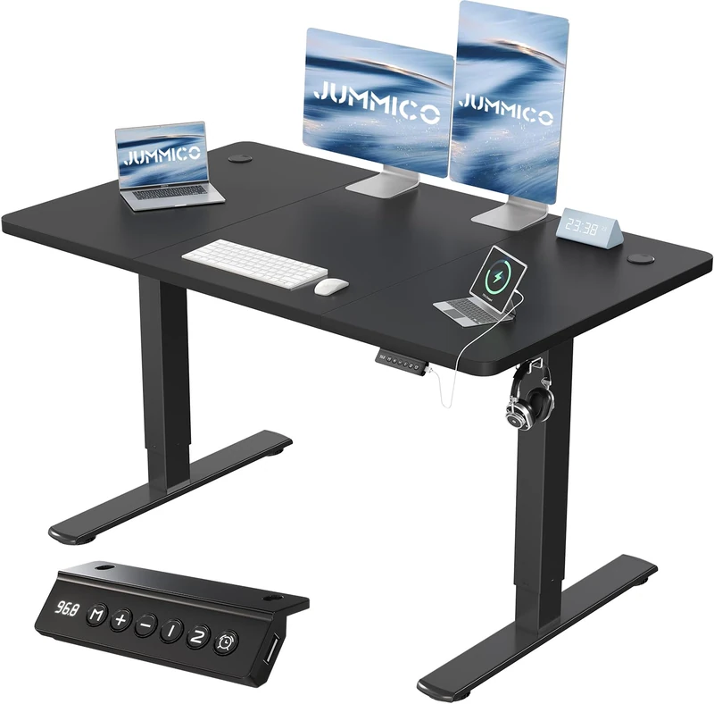JUMMICO 120x60cm Electric Standing Desk with USB Charging Height Adjustable Desk with Sedentary Reminder Stand Up Desk with Splice Board for Home Office,Black