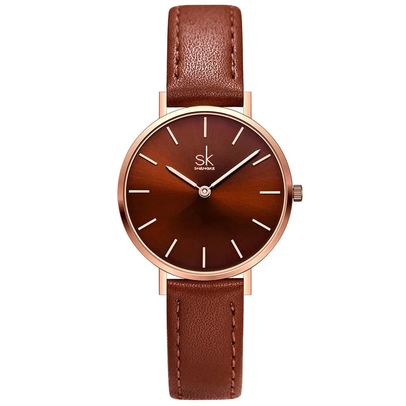 SHENGKE SK Ultra Thin Minimalist Women Watch - Coffee Leather Strap