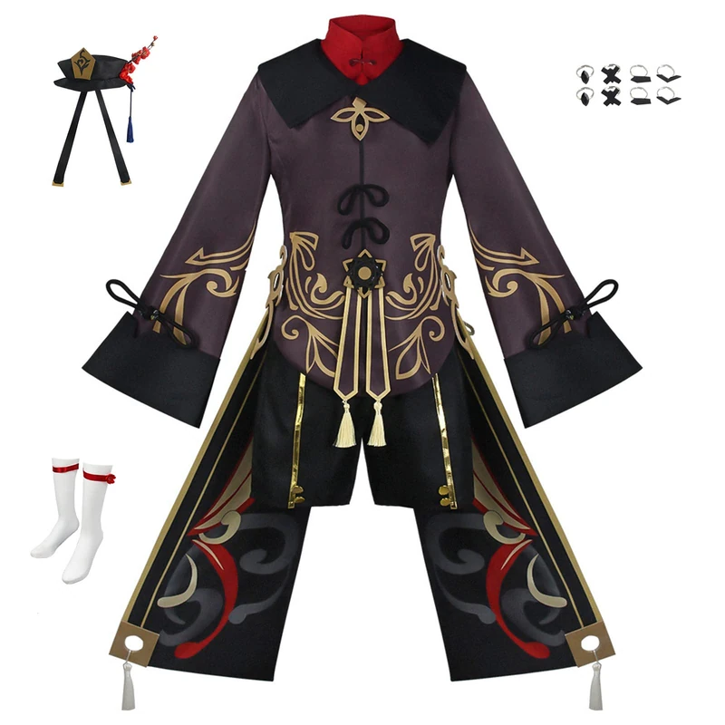TMSREBU Hu Tao Genshin Impact Cosplay Costume Halloween Outfit with Hat for Women (Brown, S) - Image 1