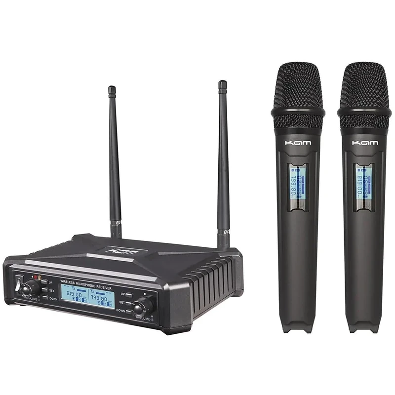 Kam KWM1920 Dual Wireless Microphone System with UHF Multi-Channel Receiver, 2 Handheld Mics, LCD Display, and Carry Case