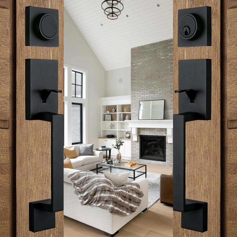 NEWBANG Front Double Door Traditional Style Keyed Entry Door Handleset with Lever Handle in Matte Black,(Keyed and Dummy Set),MDHST2010DB-SET-BR-TMC