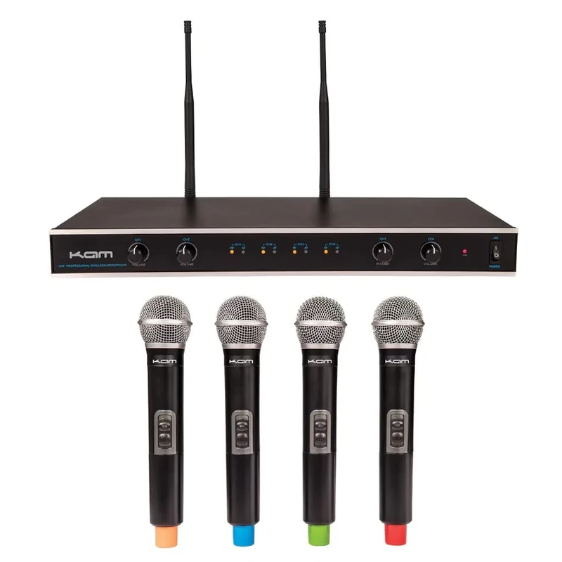 KAM KWMQ4E Quartet ECO 4-Channel Professional UHF Wireless Microphone System with 4 Dynamic Cardioid Handheld Mics and Receiver