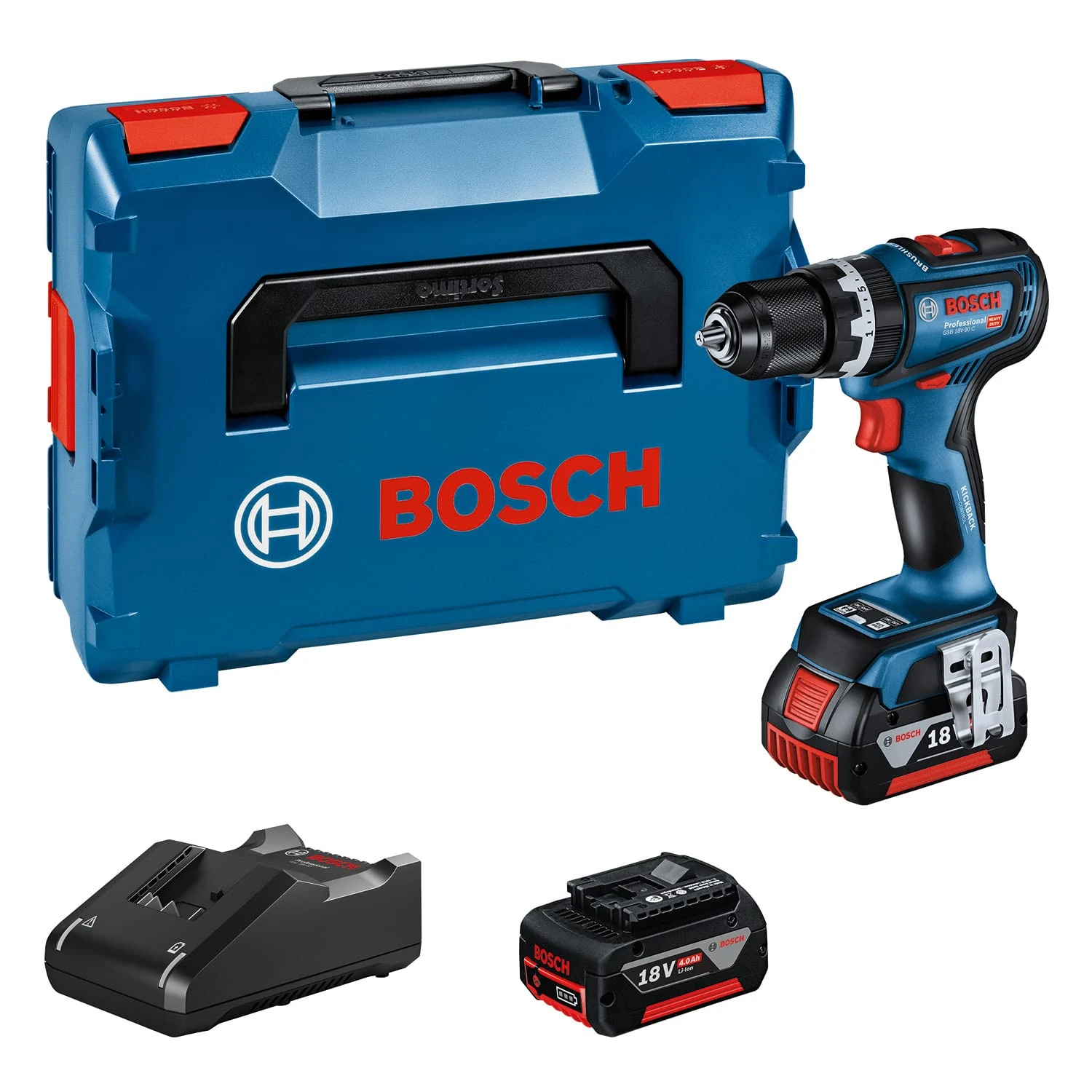 Bosch Professional 18V System Cordless Impact Drill GSB 18V-90 C (incl. 2X GBA 4.0Ah Batteries, Charger GAL 18V-40, Inlay, L-BOXX)