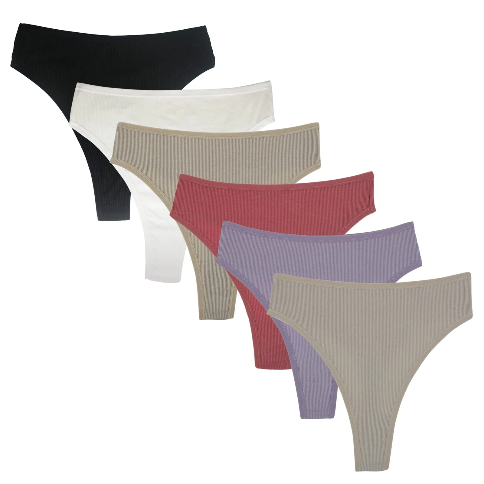 Deigecil Pack of 6 Thong Women's High Waisted Tummy Control Cotton Underwear Women, Soft Comfortable Sports Underwear Women, Black*1 White*1 Light Blue*1 Light Purple*1 Pink*1 Khaki*1, 4XL