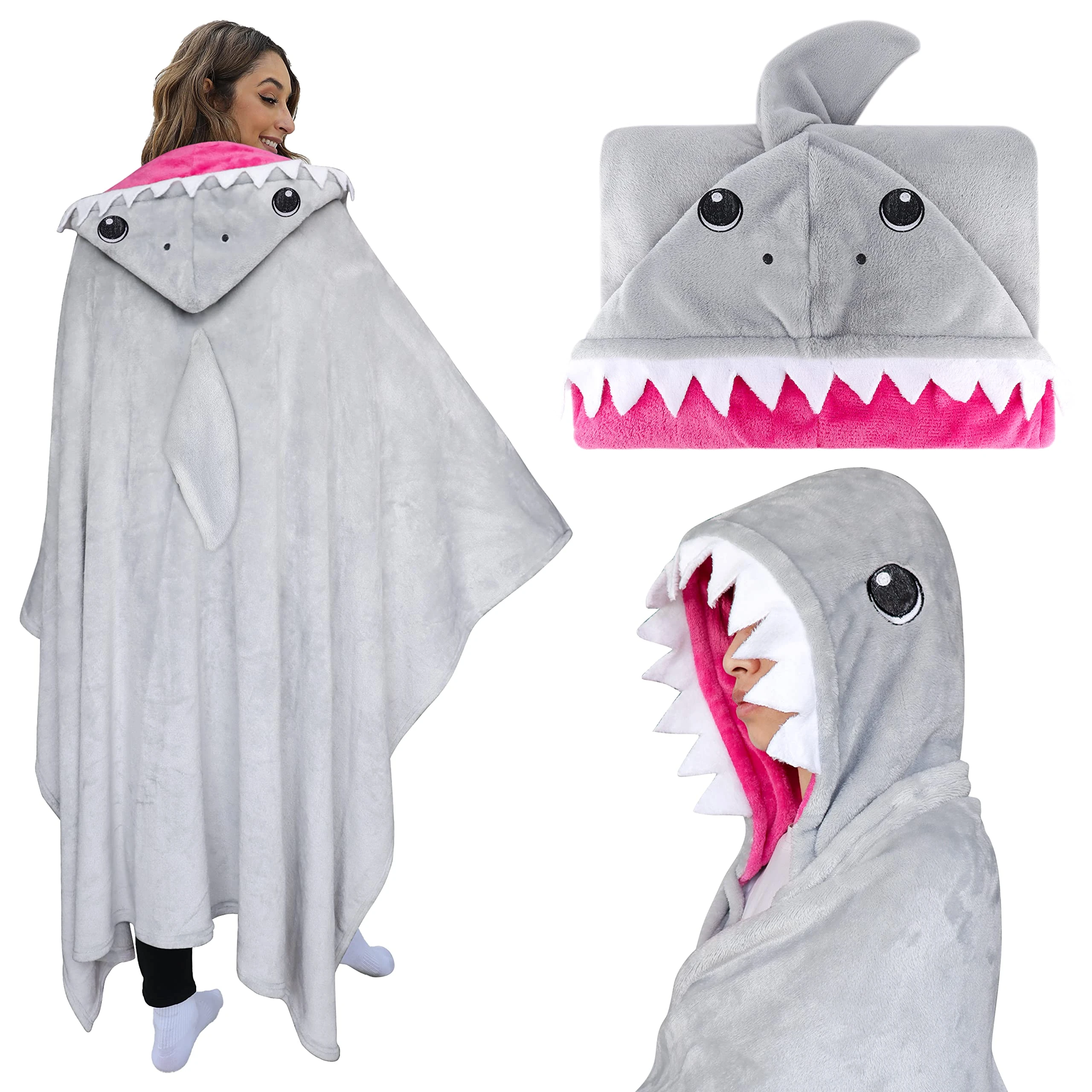 Shoppawhile Shark Gifts for Women Wearable Hooded Blanket Soft Cute Warm Fluffy Shark Gifts Hooded Blanket Presents for Teenage Boys 59 * 51 inch