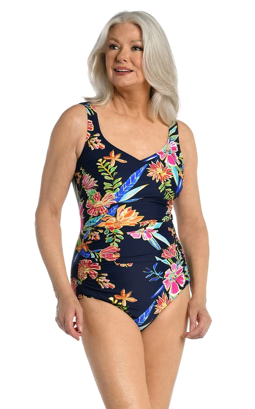 Maxine Of Hollywood Women's Side Shirred Girl Leg One Piece Swimsuit, Multi//Mystic Garden, 12