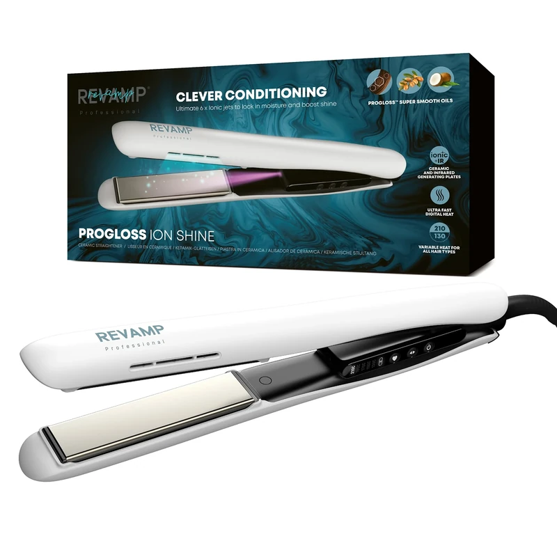 REVAMP Progloss Ion Shine Ceramic Hair Straightener, with Ionic Technology to Ensure Frizz-Free Results, Infused with Progloss Smooth Keratin, Argan and Coconut Oils, Variable Heat Settings, White