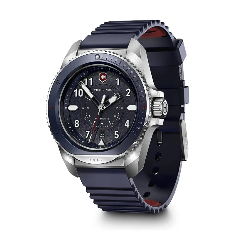 Victorinox Men’s Watch Journey 1884 Ø 43 mm, Swiss Made, Analogue Quartz, Water-Resistant up to 200 m, Rubber Strap, Blue