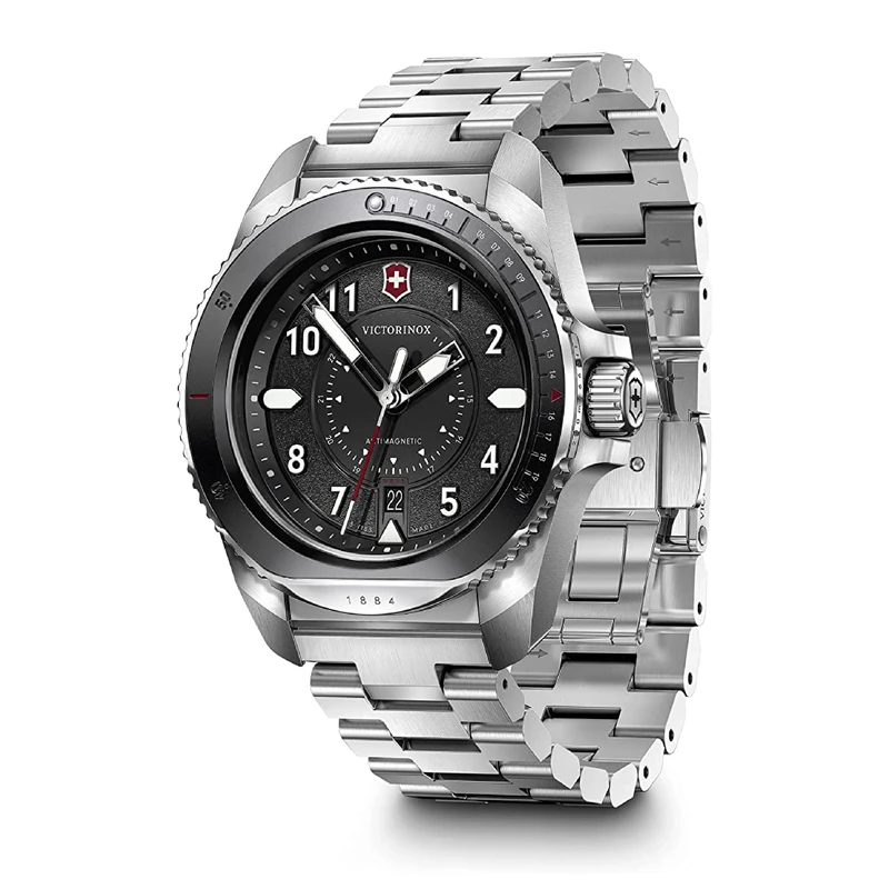 Victorinox Men’s Watch Journey 1884 Ø 43 mm, Swiss Made, Analogue Quartz, Water-Resistant up to 200 m, Stainless Steel Strap, Black/Silver