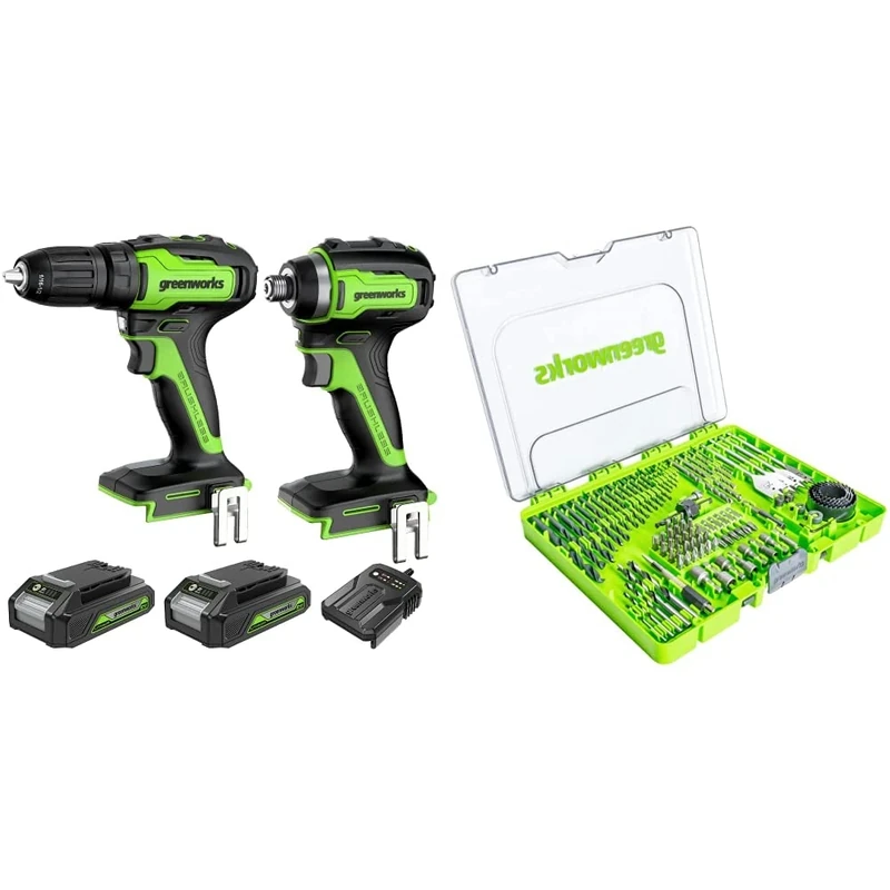 Greenworks 24V Drill Driver and Impact Driver Combo, Two 2Ah Batteries, Charger and Drill/Driver bits (extensive Set of 90 Pieces Suitable for All Drills and Cordless Screwdrivers)