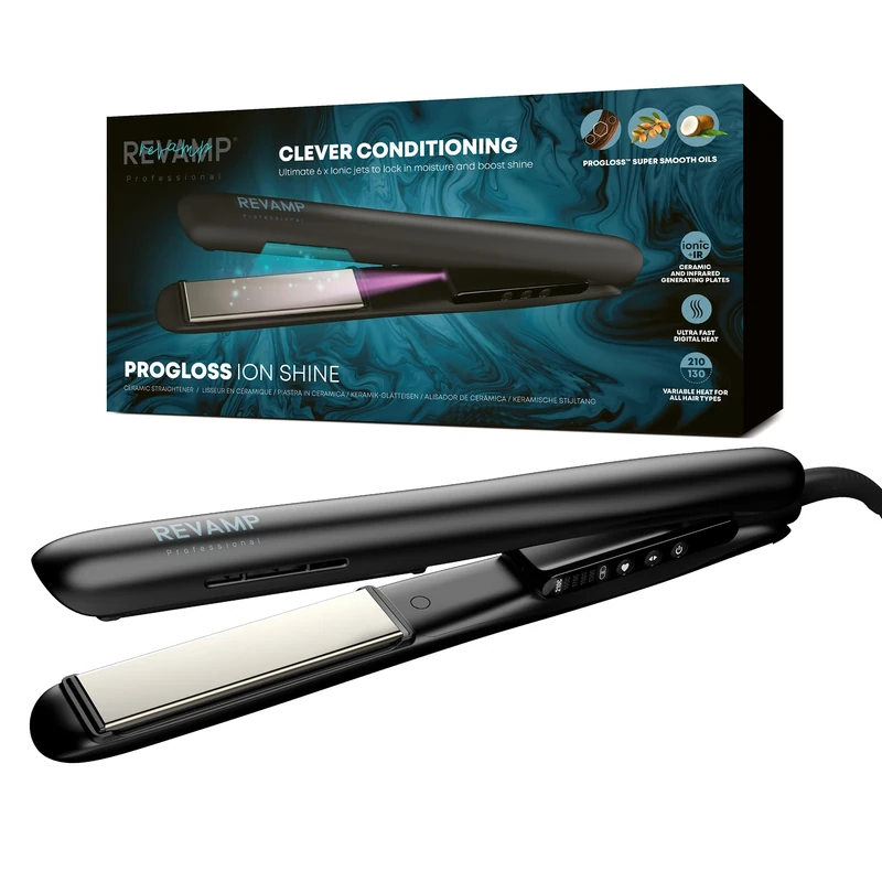 REVAMP Progloss Ion Shine Ceramic Hair Straightener, with Ionic Technology to Ensure Frizz-Free Results, Infused with Progloss Smooth Keratin, Argan and Coconut Oils, Variable Heat Settings, Black