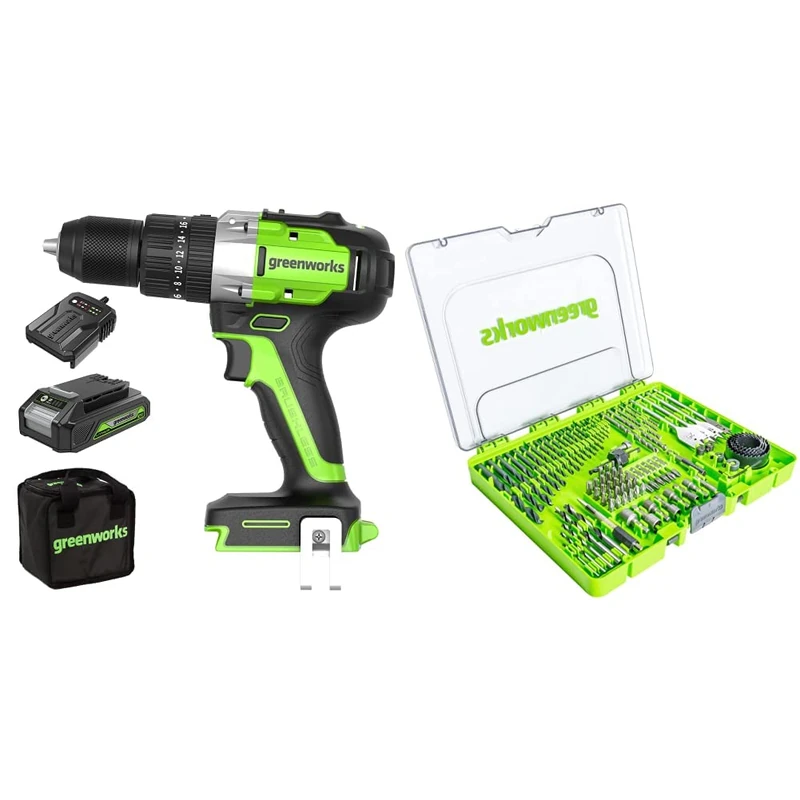 Greenworks 24V 60Nm Cordless Hammer Drill Kit with 2Ah Batteries, Charger and Drill/Driver bits (extensive Set of 90 Pieces Suitable for All Drills and Cordless Screwdrivers)