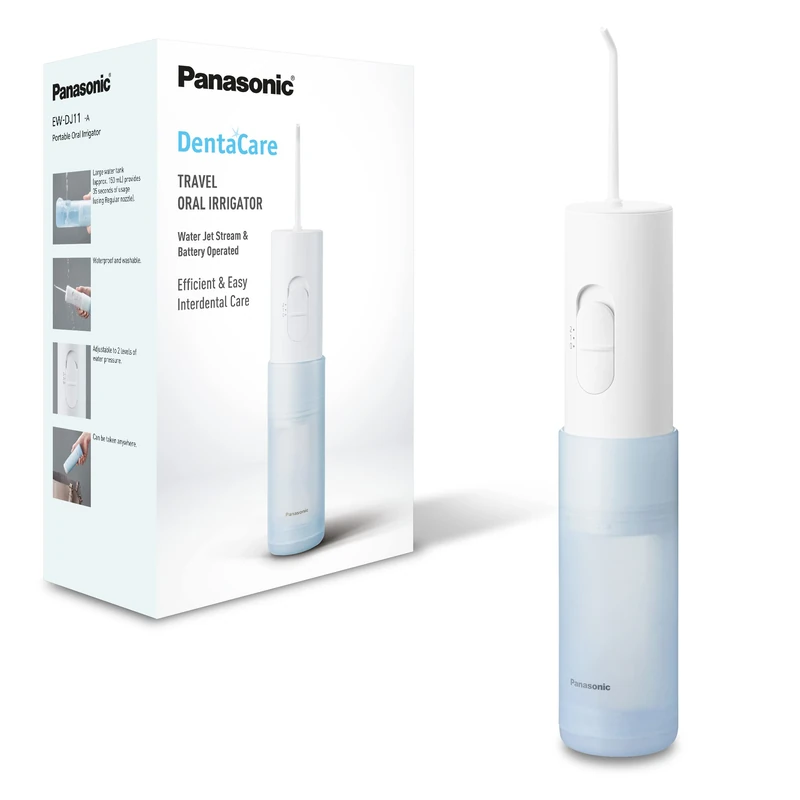 Panasonic EW-DJ11 Compact & Portable Water Flossers for Teeth Cordless, Battery Powered Oral Irrigator with 2 Level Pressures, Tooth Cleaner Nozzle,Travel use, Waterproof, White/Blue, Battery operated
