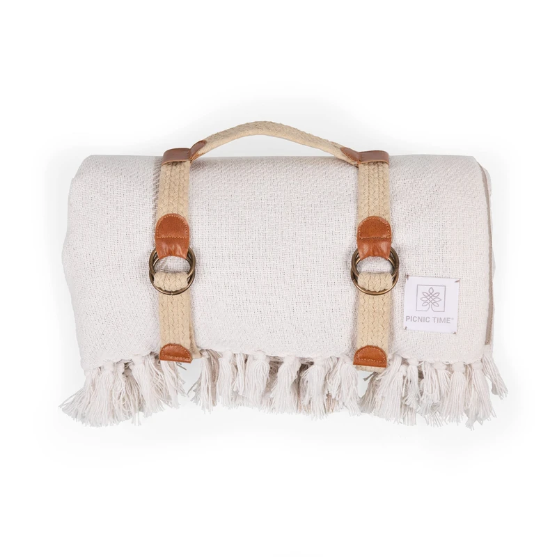 PICNIC TIME 639-00-155-000-0, Beige Gingham Montecito Picnic, Outdoor, and Beach Blanket with Harness, One Size, White