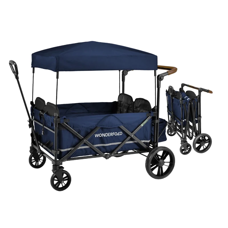 WONDERFOLD X4 Push & Pull Quad Stroller Wagon (4 Seater) Featuring Seats with 5-Point Harnesses, Adjustable Push Handle, and Adjustable/Removable UV-Protection Canopy, Sapphire Navy