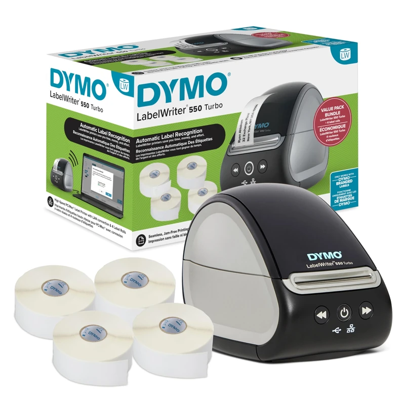 DYMO LabelWriter 550 Turbo Label Printer Bundle, Label Maker with Direct Thermal Printing, Automatic Label Recognition, Includes Address Labels, Multipurpose Labels, Durable Multipurpose Labels