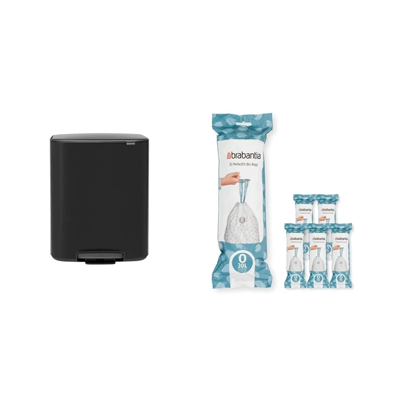 Brabantia Bo Pedal Bin - 2 x 30L Inner Buckets (Matt Black) Waste/Recycling Kitchen Bin + O Liners Multipack Box (120 rolls)
