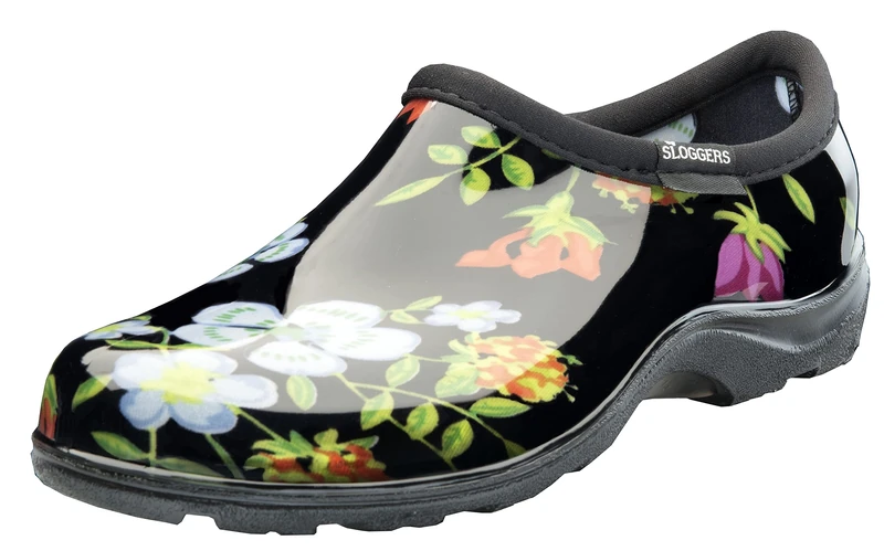 Sloggers Waterproof Garden Shoe for Women – Outdoor Slip-On Rain and Garden Clogs with Premium Comfort Support Insole, (Meadow Black), (Size 7), Meadow Print Black, 5 UK