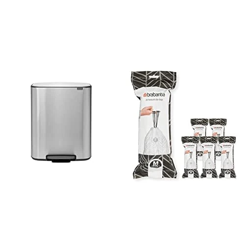 Brabantia Bo Pedal Bin - 1 x 60L Inner Bucket (Matt Steel FPP) Waste/Recycling Kitchen Bin + M Liners Multipack Box (120 rolls)