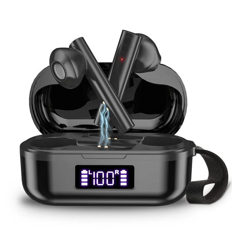 Tiyik Wireless Earbuds Bluetooth 5.0 Headphone Hi-Fi Stereo Sound Built-in Mic Touch Control LED Power Display for Workout Running Work(Black)