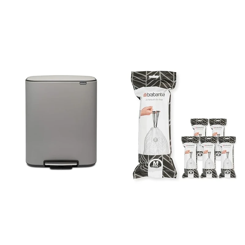 Brabantia Bo Pedal Bin - 1 x 60L Inner Bucket (Mineral Concrete Grey) Waste/Recycling Kitchen Bin + M Liners Multipack Box (120 rolls)