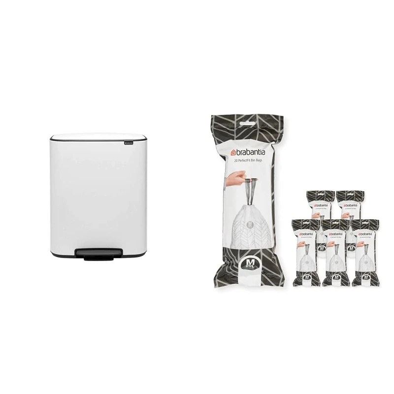 Brabantia Bo Pedal Bin - 1 x 60L Inner Bucket (White) Waste/Recycling Kitchen Bin + M Liners Multipack Box (120 rolls)