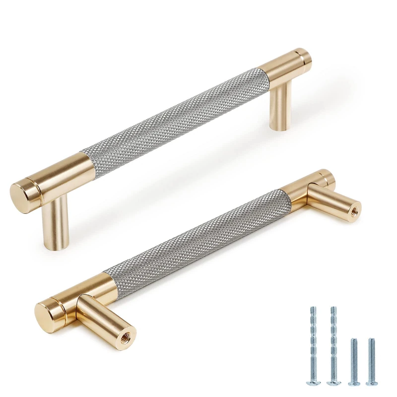 Zernmiarder Knurled Cabinet Pulls 25 Pack, 6 Inch Long Cabinet Handles Metal Door Pulls, Kitchen Drawer Pull Knurled Dresser Handles - 5" Hole to Hole, Grey & Gold