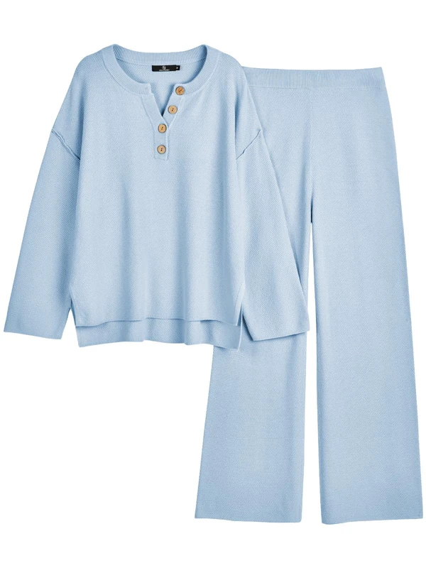 LILLUSORY Women's 2 Piece Trendy Outfits Oversized Slouchy Matching Sets Cozy Knit Sweatsuit Sets, Light Blue, L