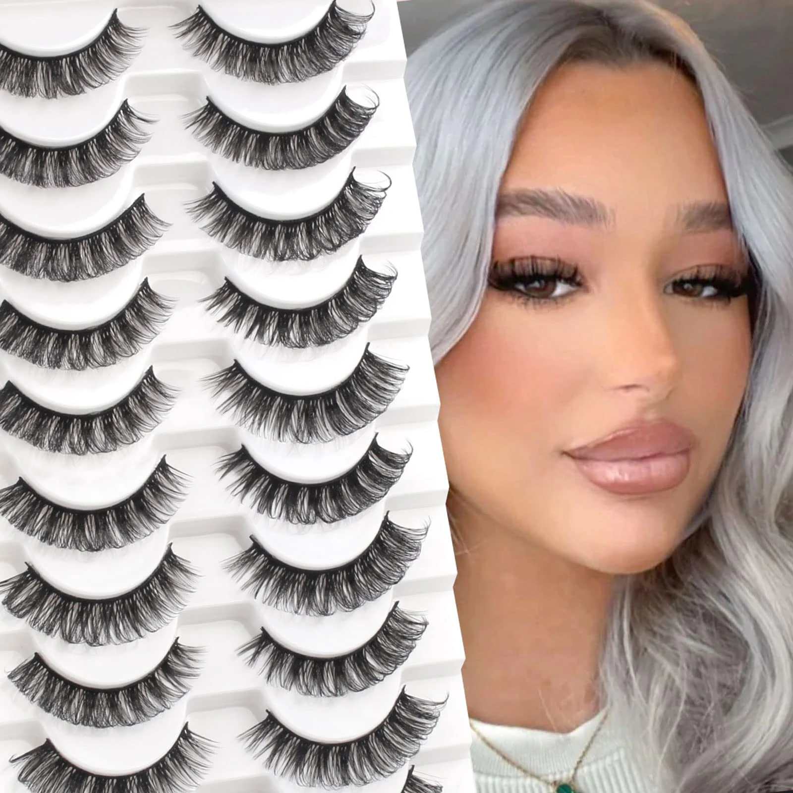 Glowingwin Cat Eyelashes Volume 3D Hybrid Natural Look Fake Russian Strip Lashes 10 Pairs Dramatic Fluffy Handmade Reusable D Curl False Eyelashes