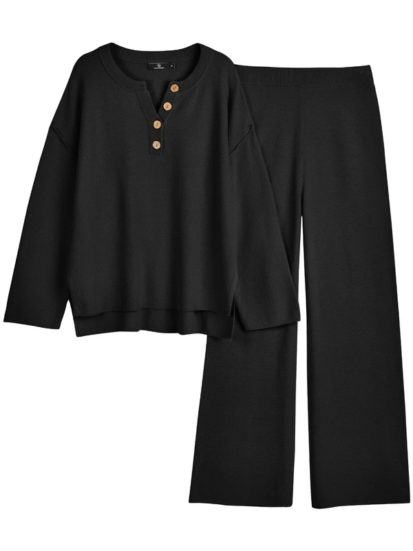 LILLUSORY Women's 2 Piece Lounge Set - Oversized Slouchy Matching Set, Cozy Knit, Black, L
