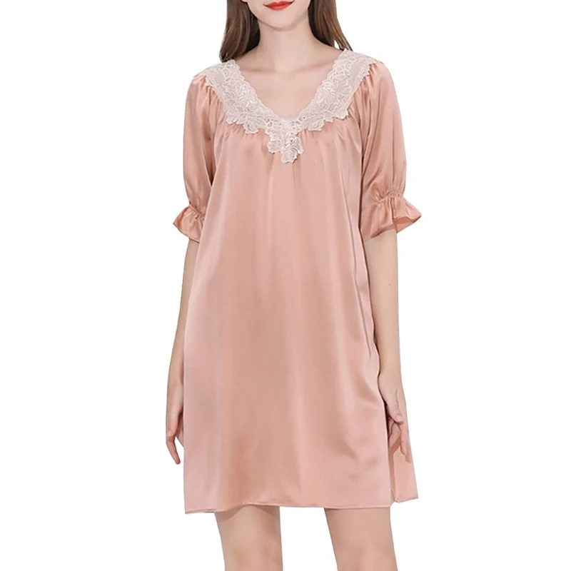 DISSA Women Pink Lace 100% Silk Pajama Dress Nightwear Nightdress Sleepwear 19 Momme Silk Short Sleeve Sleepwear,XXL,S5685