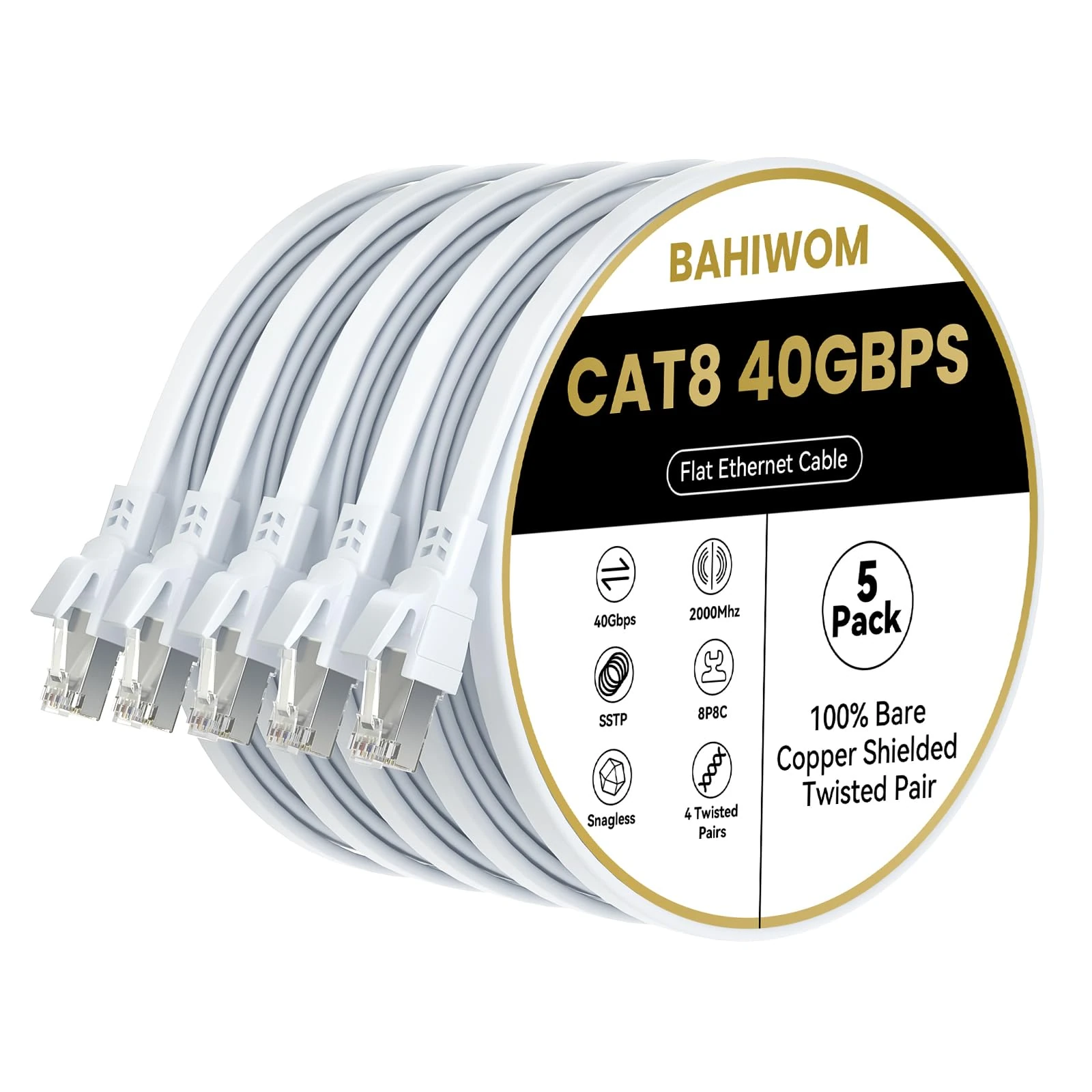 BAHIWOM Cat8 Ethernet Cable 1m (5 Pack), 40 Gbit/s 2000 MHz Lan Network Cable Gigabit Patch Cable, Flat Internet Cable Compatible with Router, with Modem, with PC, with Laptop - White