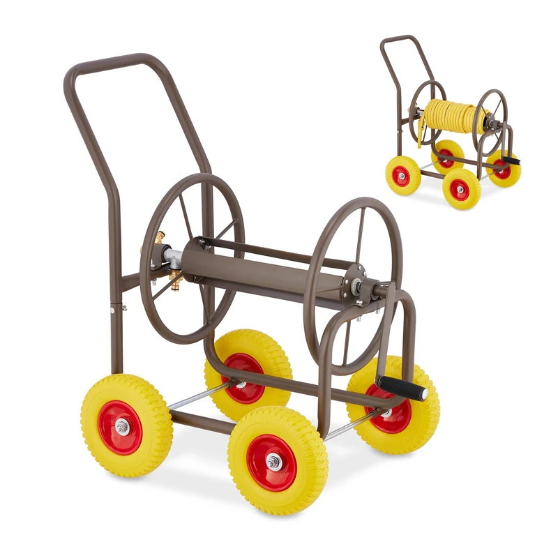 Relaxdays Hose Trolley, Up to 60 Meters, 4 Rubber Wheels, H x W x D: 83 x 50 x 80 cm, Steel, Brown