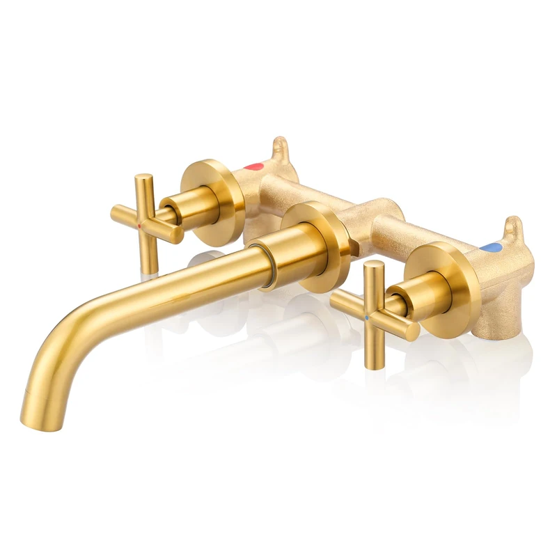 ARCORA Wall Mount Bathroom Faucet, Brushed Gold Bathroom Sink Faucet, 2 Handle Wall Mount Vessel Sink Faucet Rough in Brass Valve Included