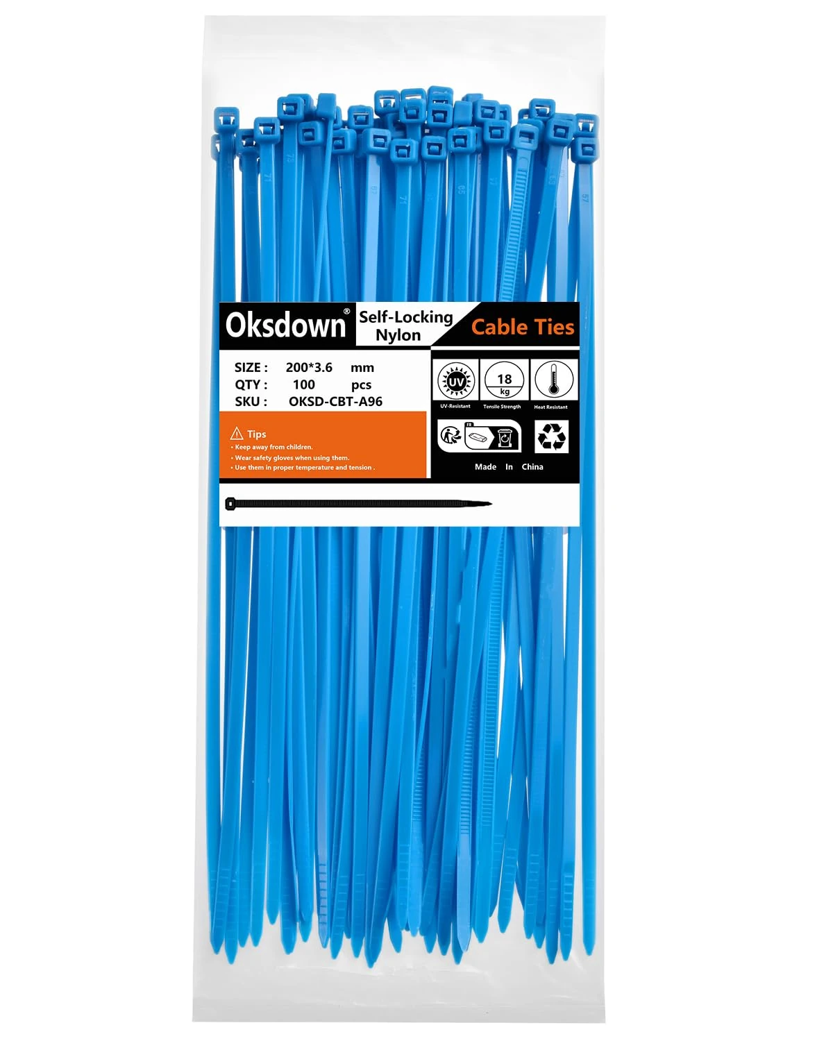 Oksdown 100 Pack Blue Plastic Cable Ties 200mm×3.6mm Heavy Duty Nylon Garden Zip Tie Multi Purpose Premium 8 inch/20 cm Tie Wraps