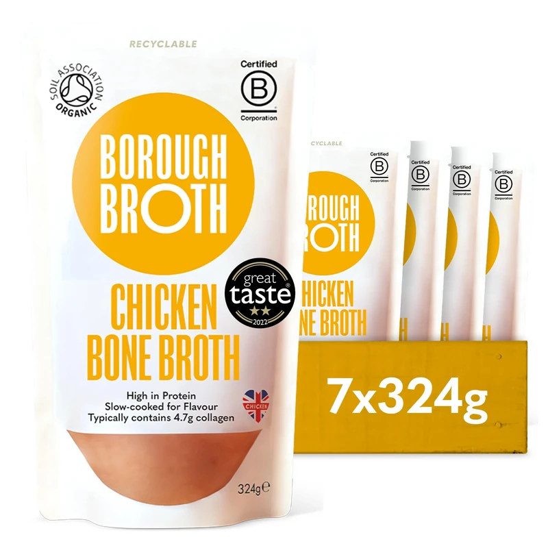 Organic Chicken Bone Broth by Borough Broth - High in Collagen for Healthy Skin & Joints - High Protein, Low Calorie, Gluten Free, Free Range - Perfect for Gravy & Soups - Delivered Chilled, 7 x 324g