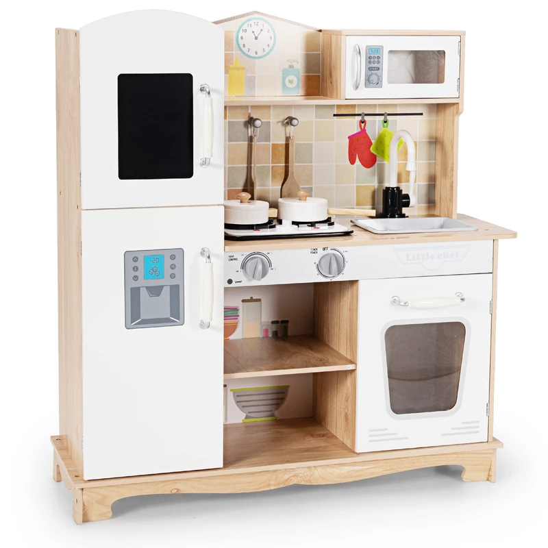 GYMAX Wooden Toy Kitchen, Pretend Play Kitchen with Oven, Stove, Clock, Blackboard, Cookware Accessories, Real Light & Sound, Kids Kitchen Playset Gift for Aged 3-7 (with Ice Maker)