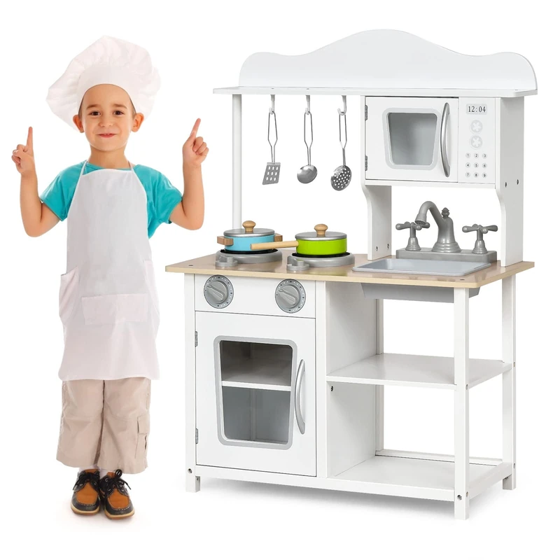 GYMAX Wooden Play Kitchen, Kids Kitchen Playset with Oven, Stove, Sink, Shelf & Cookware Accessoires, Pretend Play Toy Kitchen for Girls Boys Age 3+