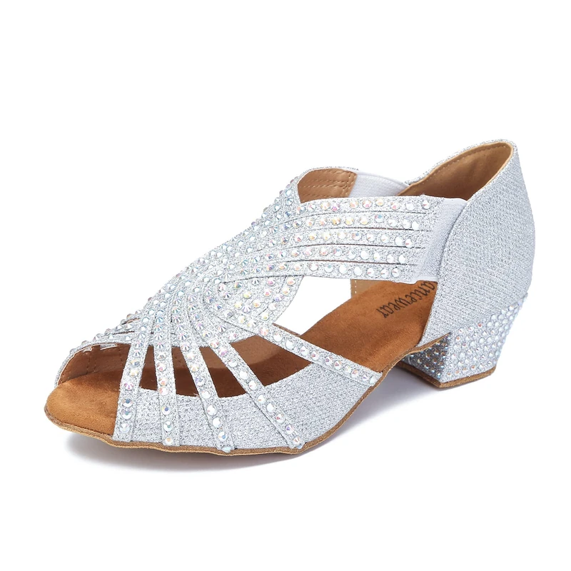 TTdancewear Women Rhinestone Dance Shoes Ballroom Latin Salsa Bachata Performance Dance Dancing Shoes, Silver-1.5inch Heels, 5 UK