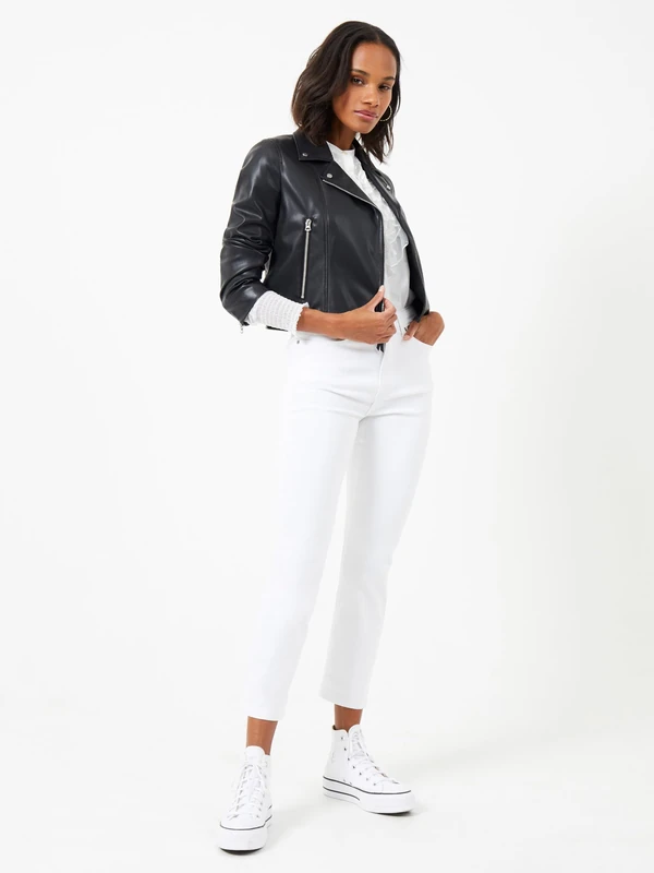 French Connection Women's ETTA PU Leather Biker Jacket, Black, M