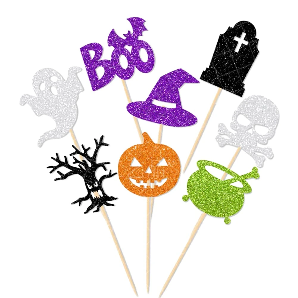 24Pack Glitter Halloween Cupcake Toppers Decoration Set Halloween Cake Decor Toothpick Flags for Happy Boo Day Themed Party Decorations