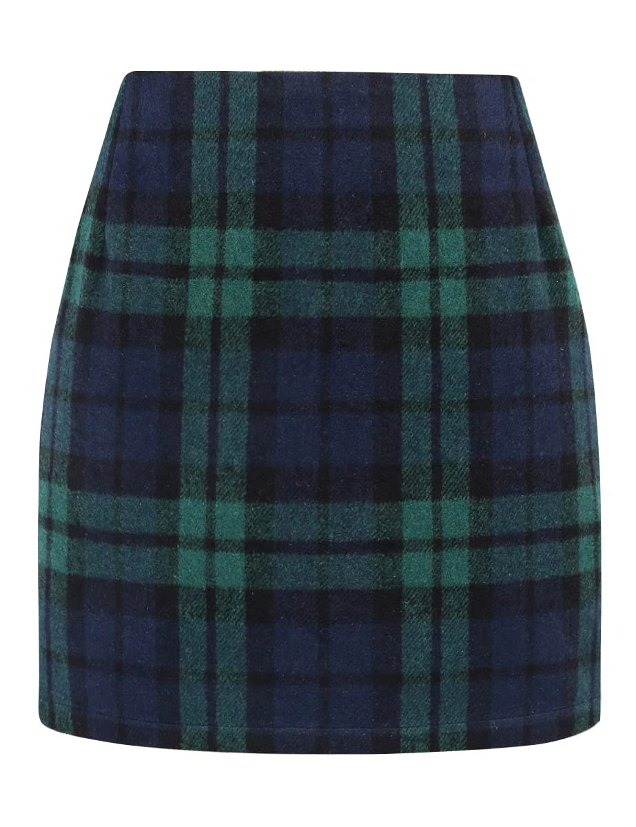 IDEALSANXUN Womens High Waist Plaid Skirt Bodycon Pencil Wool Mini Skirts, Green, M