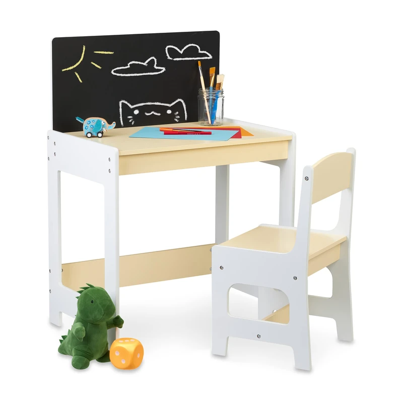 Relaxdays Children's Furniture Set, Table & Chair, with Blackboard, for Painting & Crafting, 88x62x42 cm, White/Beige, Fibreboard