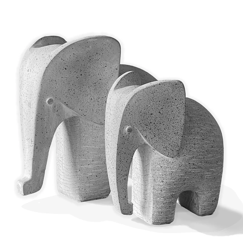 Huey House Elephant Sculptures - 2Pcs (6" H & 5" H) - Handcrafted Shelf Decor Figurines - Light Gray