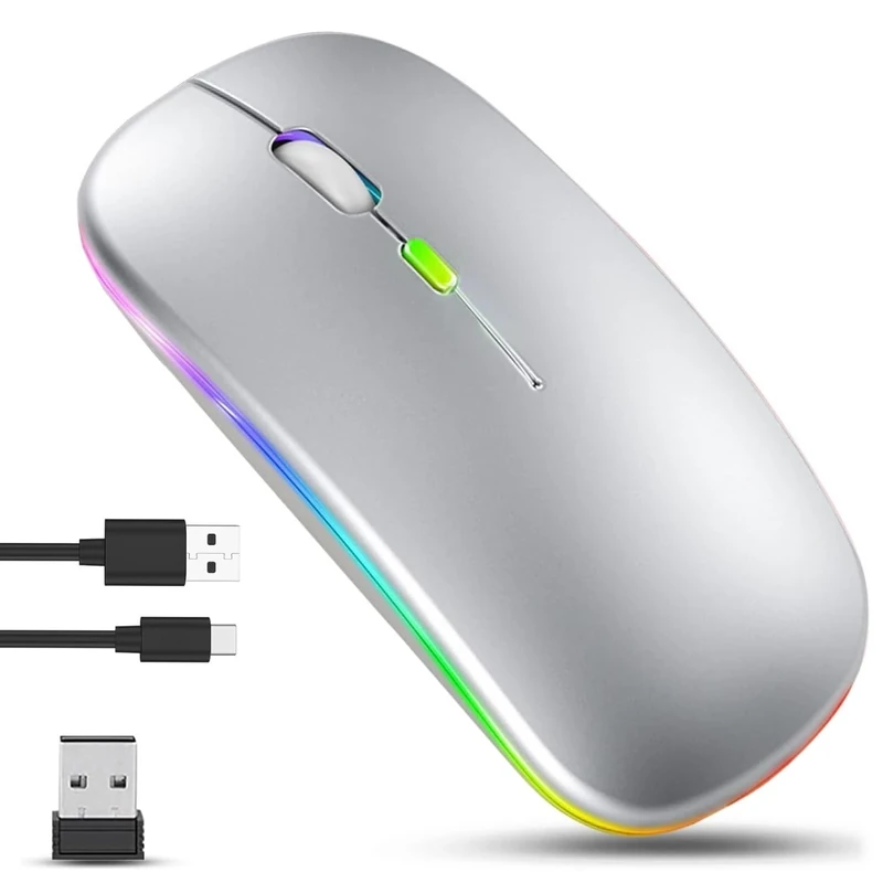 GLOBAL TECH Wireless Bluetooth Mouse, Rechargeable LED Slim Silent Mouse with Dual-Mode 2.4G & Bluetooth, USB Optical Cordless Mouse for Laptop, PC, Computer, Mac, iPad, Tablets (Silver)