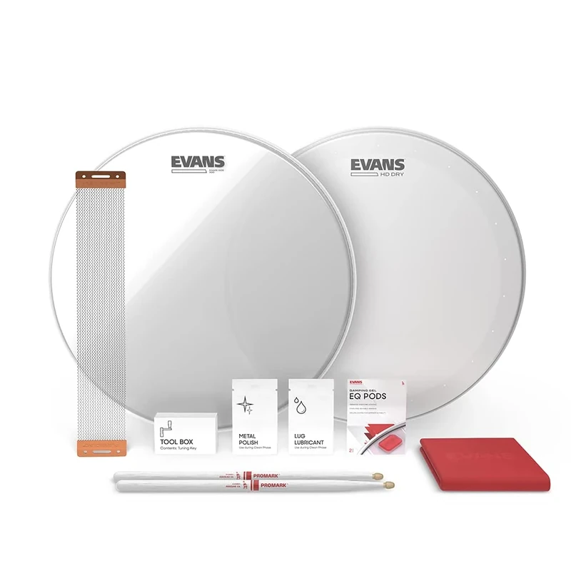 Evans Snare Drum Tune Up Kit - 13 Inch Snare Drum Heads - HD Dry and Clear Resonant Drumheads - EQ Pods - Snare Wires - Drumsticks - Maintenance Accessories