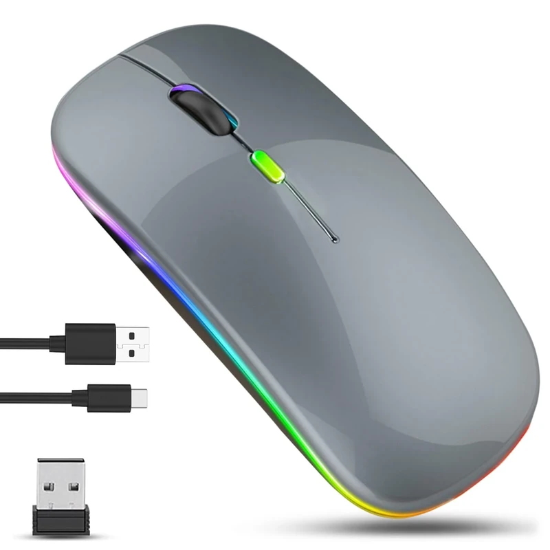 GLOBAL TECH Wireless Bluetooth Mouse, Rechargeable LED Slim Silent Mouse with Dual-Mode 2.4G & Bluetooth, USB Optical Cordless Mouse for Laptop, PC, Computer, Mac, iPad, Tablets (Dark Grey)
