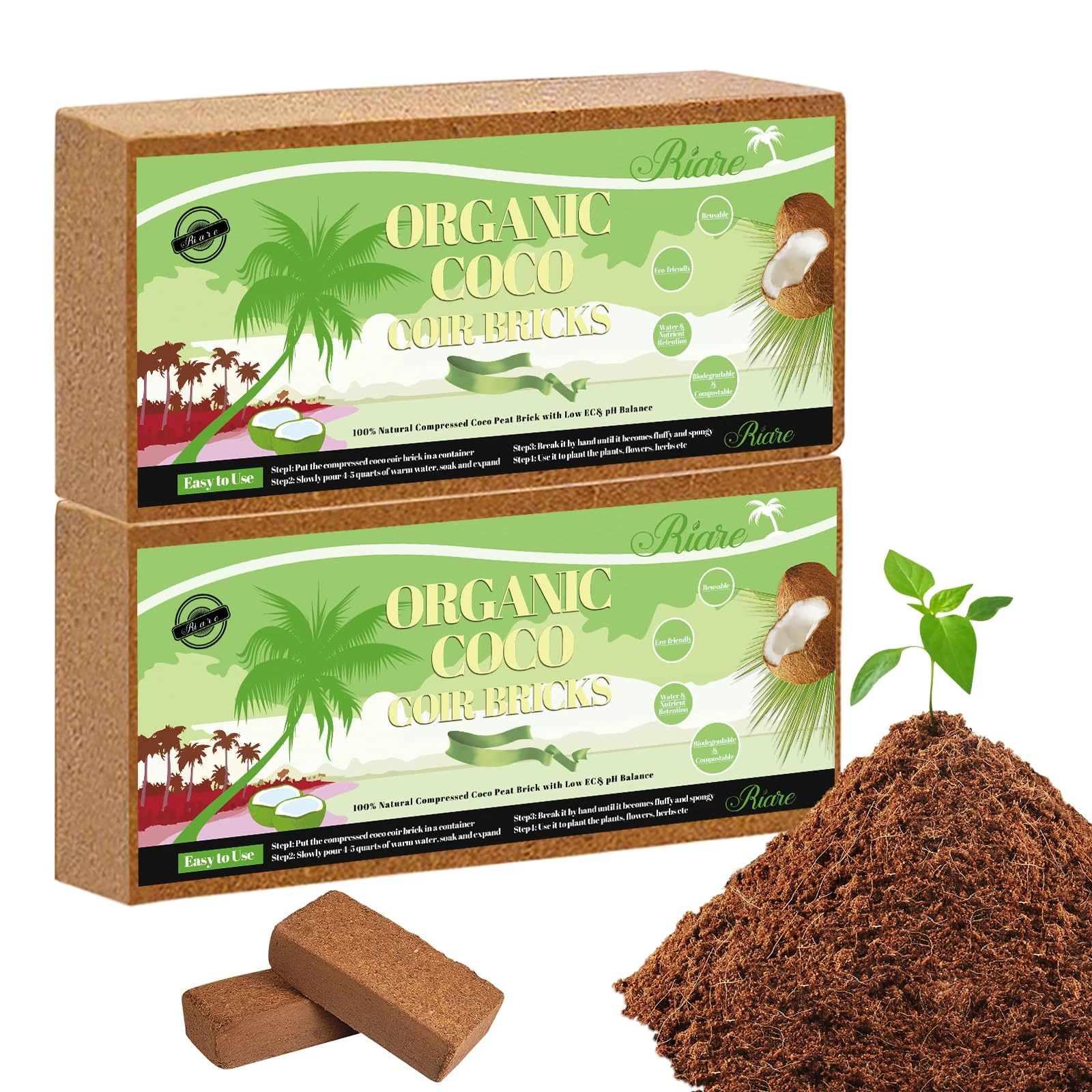 Riare 2 x 650g Organic Coco Coir Bricks- 100% Natural Compressed Coco Brick 16L Coconut Fiber Growing Multi Purpose Substrate for Garden Potting Outdoor Indoor Plants
